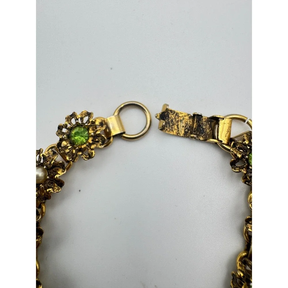 Vintage Flower Bracelet Gold Tone Filigree Green Rhinestone Faux Pearl 7